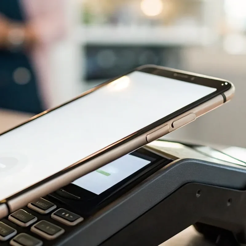 A smartphone accepts a credit card payment using a mobile card machine.