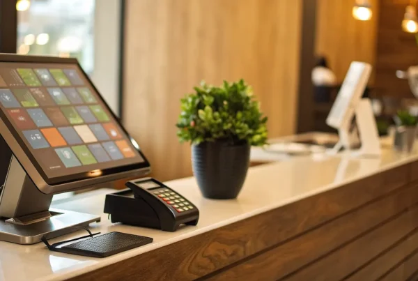 One of the best point of sale systems for a retail store, with a card reader on a counter.