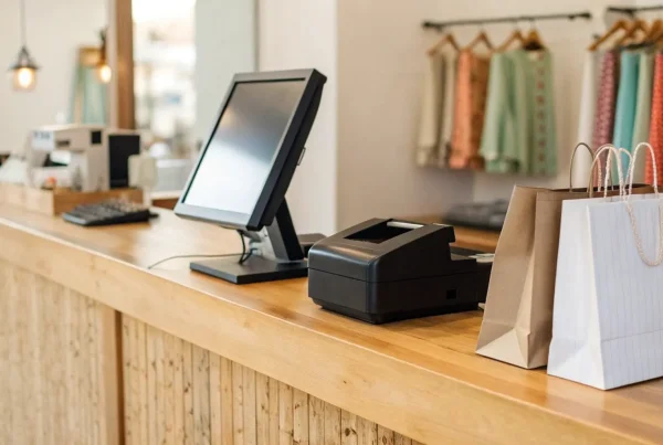 A retail POS system for a small business on a counter with shopping bags and clothes.