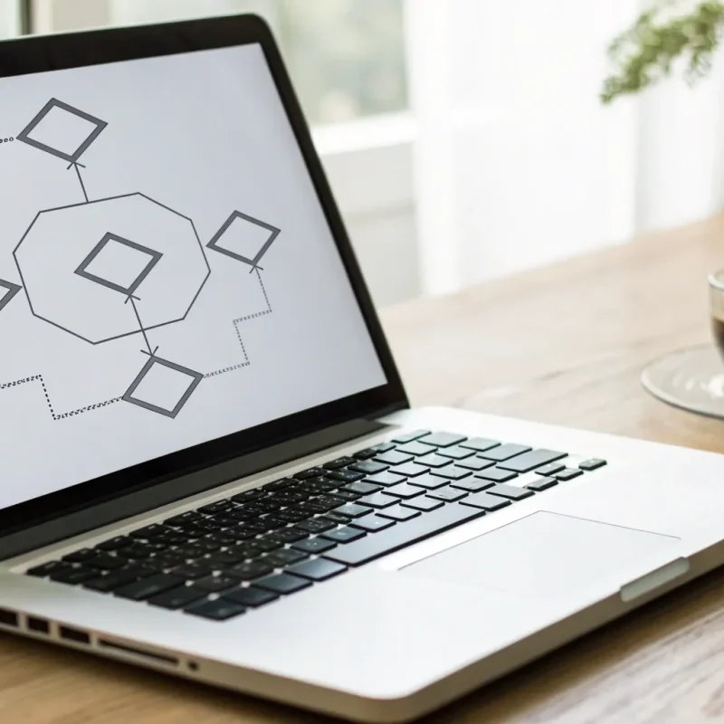 A flowchart on a laptop showing the steps to open an online merchant account.