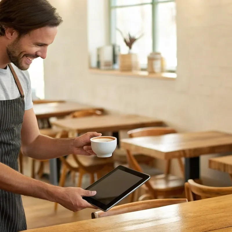 A waiter accepts a payment on a tablet, an example of merchant services for a small business.