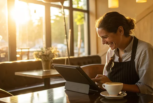 Small business owner in a cafe using a free POS system on a tablet.