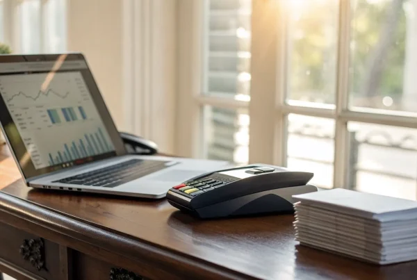 A business desk with a laptop and card terminal for payment processing.