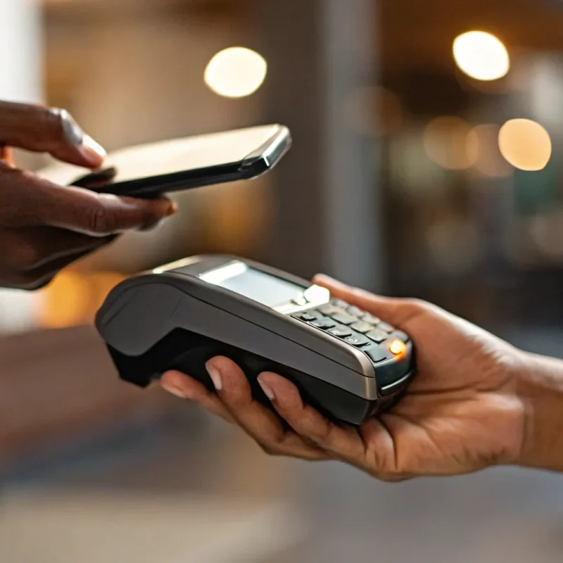 A person uses a phone for a contactless payment, choosing from the top 10 payment processing companies.