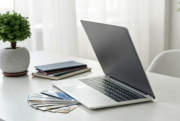 A laptop and credit cards on a desk for a merchant learning about credit card processing services.