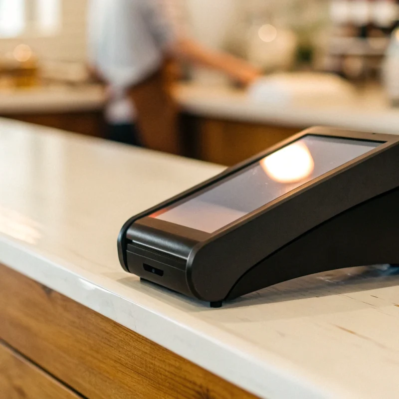 A contactless payment machine on a shop counter, a key business cost.