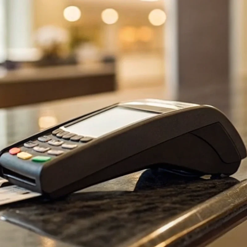 A business credit card terminal processing a secure chip card payment.