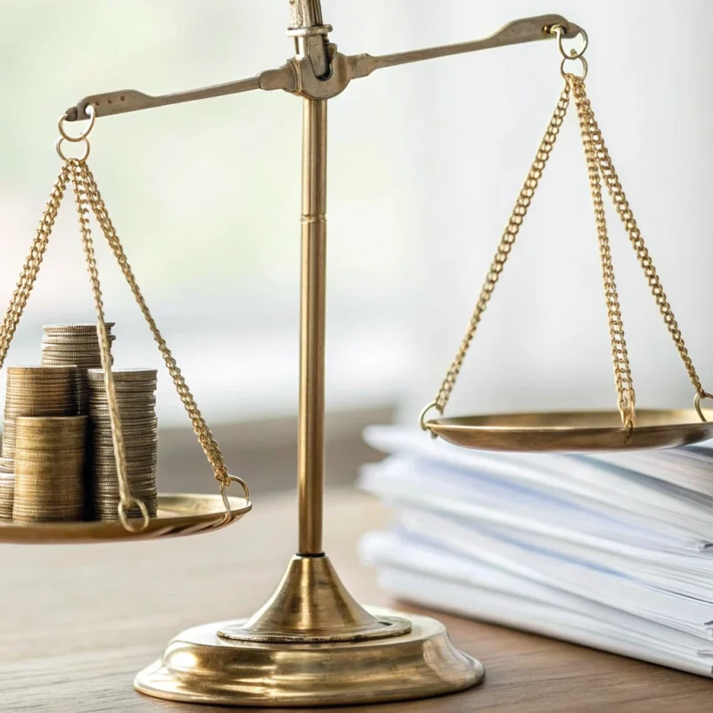 A scale weighing the advantages and disadvantages of dual pricing with coins and documents.