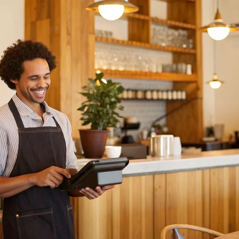 Small business owner accepts a credit card payment using a point-of-sale system.
