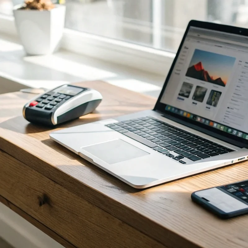 A desk setup with a laptop and card reader to accept online payments on a website.