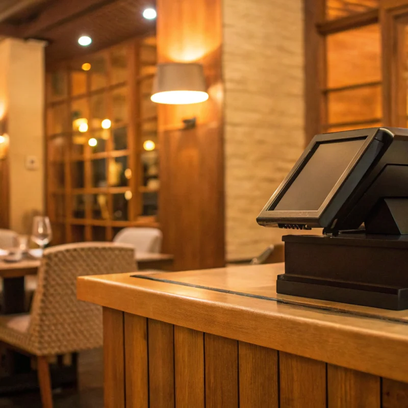 Restaurant point of sale system on a counter in a modern cafe.