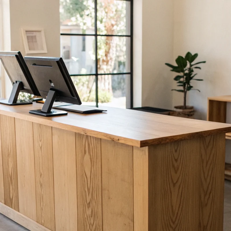 Effective dual pricing signage clearly displayed on a modern reception desk.