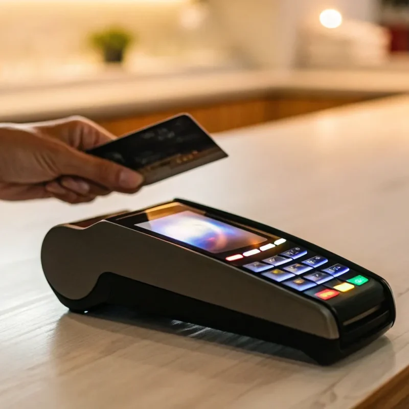 A wireless credit card processing terminal accepting a contactless payment.