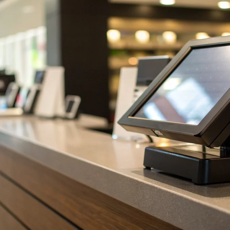 A modern retail point of sale system on a counter for managing sales and inventory.