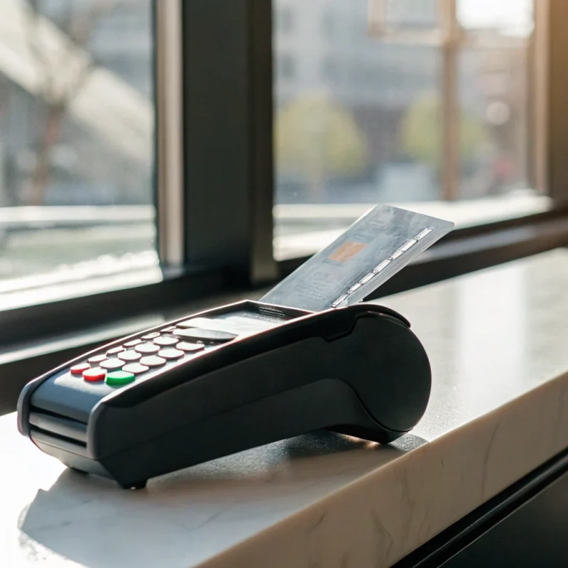 Zero fee credit card processing with a card inserted into a payment terminal.