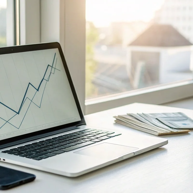 A laptop showing a graph of the fastest payment processor performance, with a smartphone and cash.