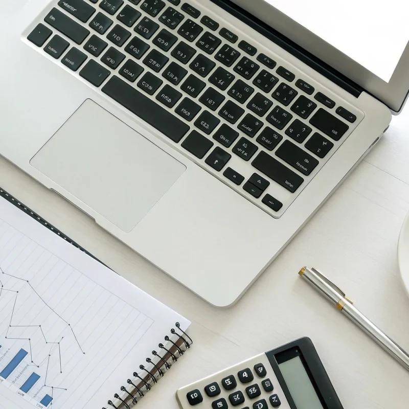 Comparing the lowest credit card processing fees for merchants on a laptop with a calculator.