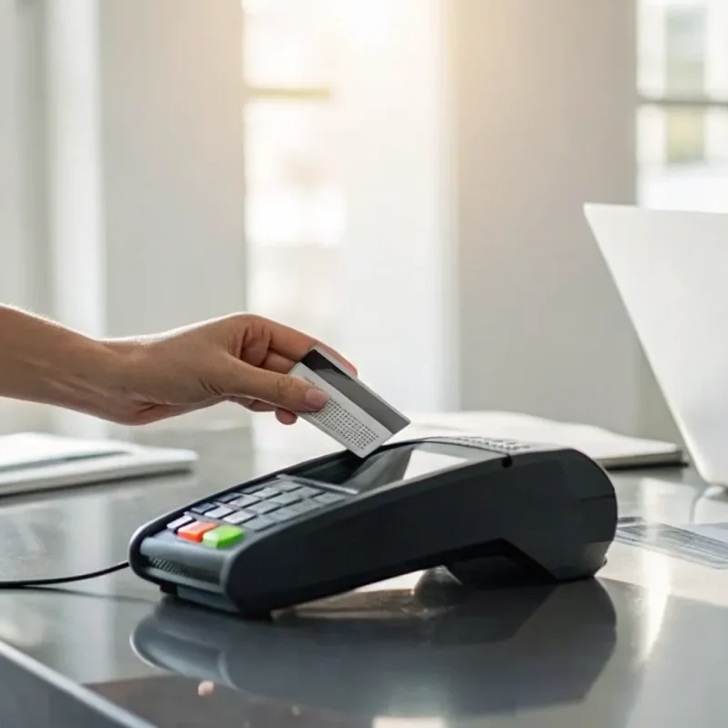 A merchant accepts a credit card payment with next day funding services.