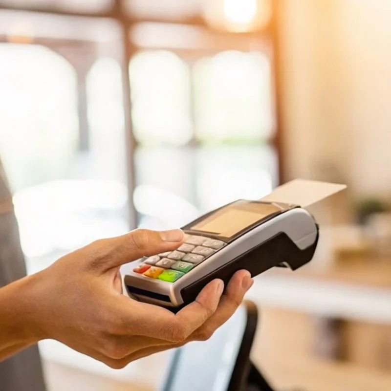 Business owner holding a card reader for their easy approval merchant account.