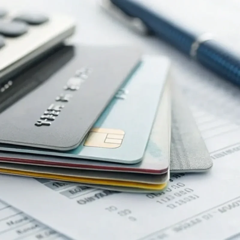 A merchant reviews Visa dual pricing rules using a calculator and credit cards.