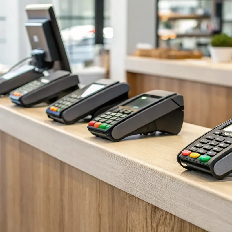 Several EMV card readers for a small business on a checkout counter.
