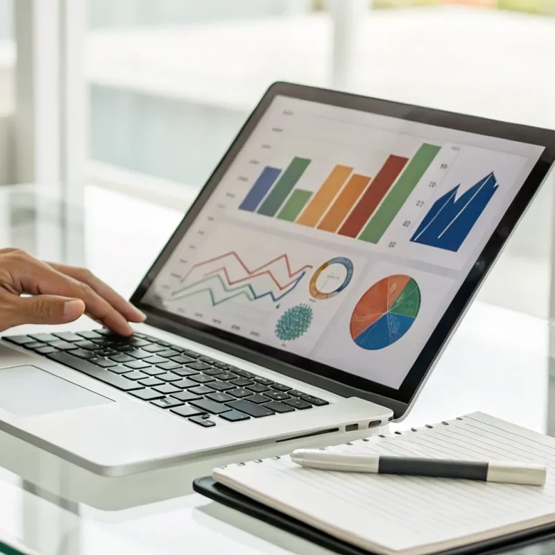 A merchant analyzing their e-merchant services charge statement on a laptop.