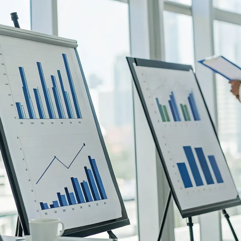 Businesswoman analyzing bar charts with dual pricing business examples.