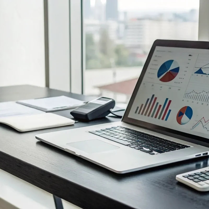 Comparing e-merchant services reviews on a laptop with charts and a calculator.
