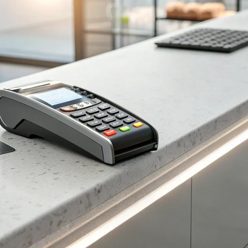 A merchant's terminal processes a credit card payment for next day funding.