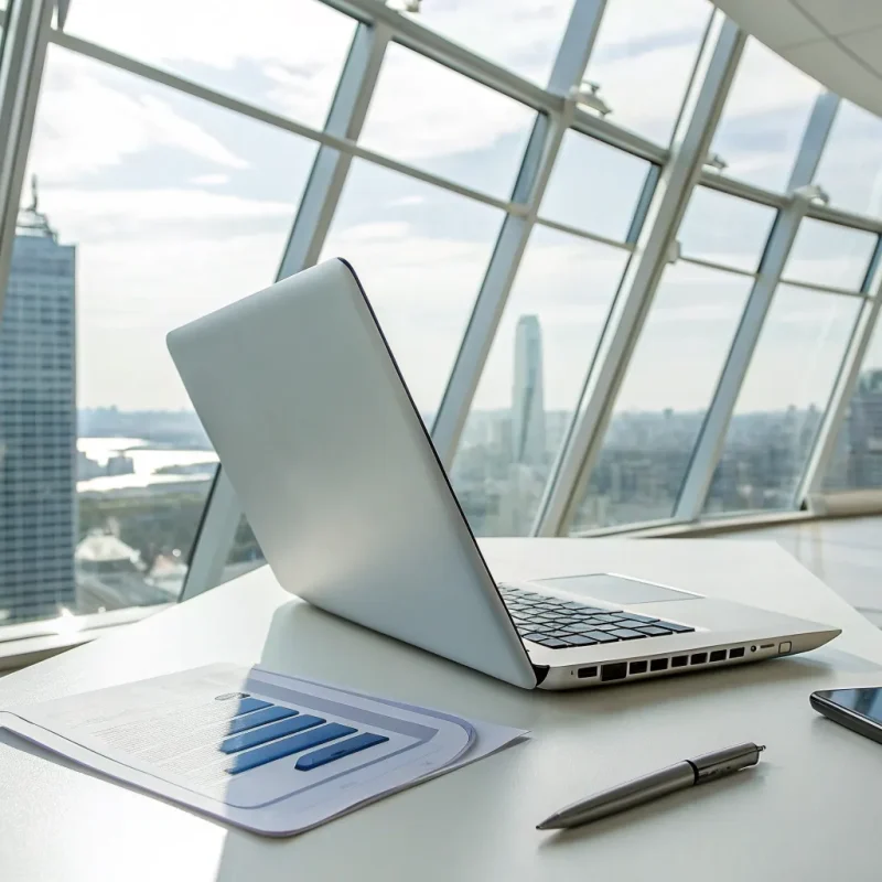 A merchant services agent researches the best ISO program on a laptop in a modern office.