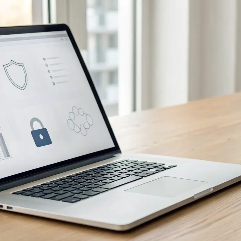 Laptop showing payment and security icons for a guide on how to get a merchant account for a website.