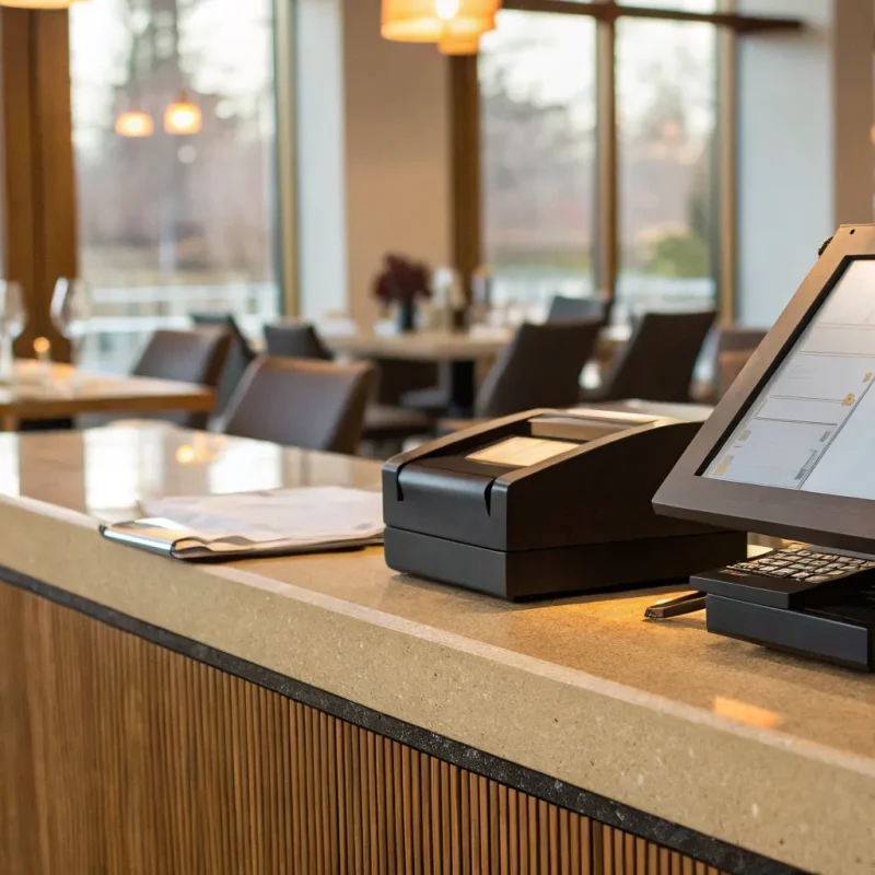 A modern restaurant POS system on a counter, a key consideration when you get a quote.
