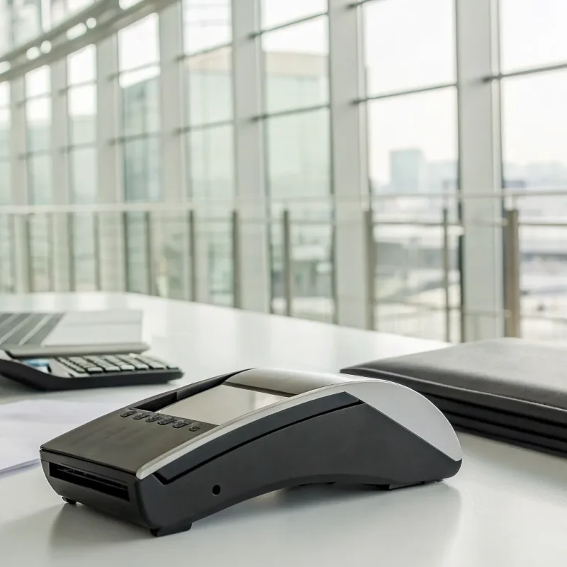 A business desk with a credit card terminal used for legally passing on credit card fees.