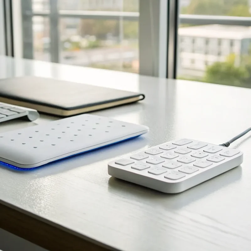 A USB EMV reader for PC connected to a computer on a desk.