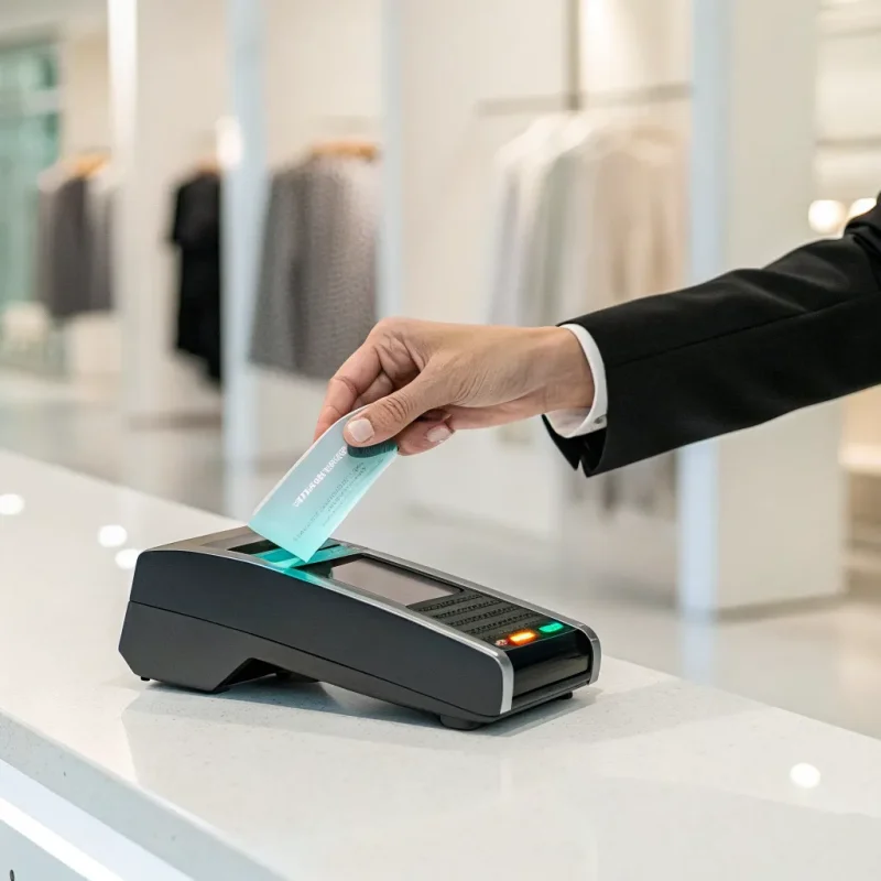 A person completes a credit card transaction, a key step in how zero-fee processing works.