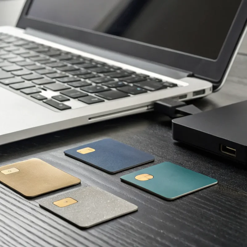 A smart chip card reader/writer connected to a laptop using software to encode smart cards.