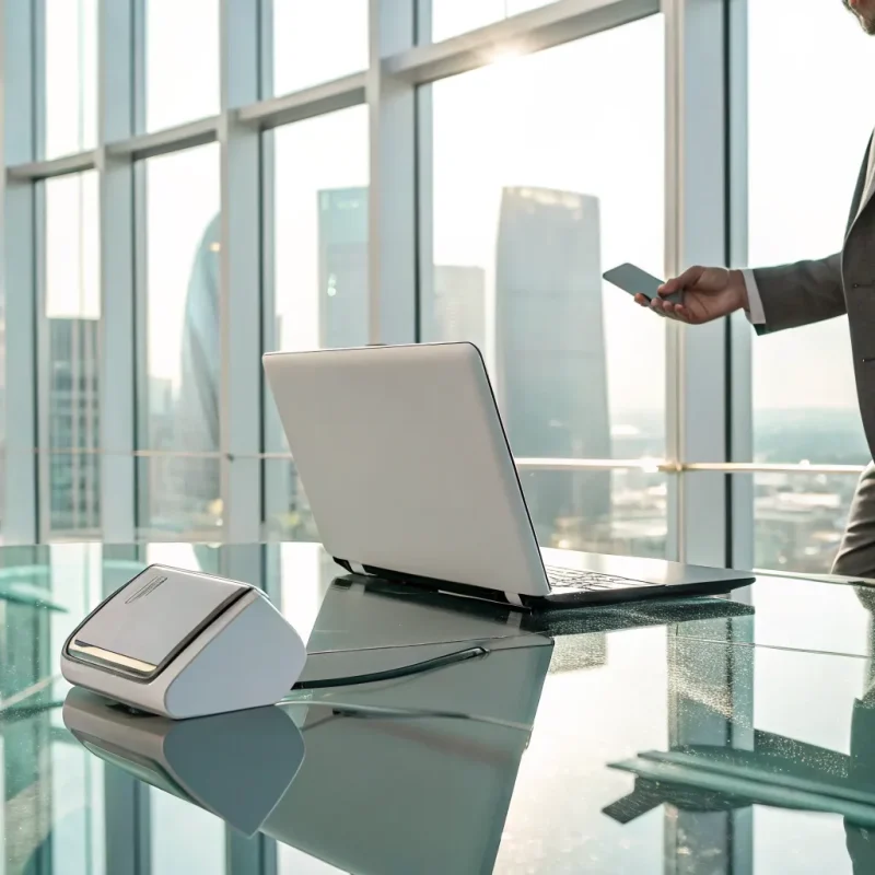 Merchant services agent tracking his lifetime residuals on a laptop and smartphone.