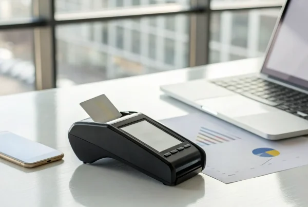 Business payment processing setup with a card terminal, laptop, and smartphone.