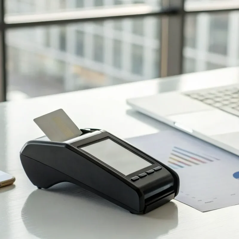 Business payment processing setup with a card terminal, laptop, and smartphone.
