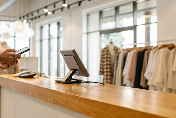 A customer uses a smartphone to pay at a retail store's mobile POS system checkout counter.