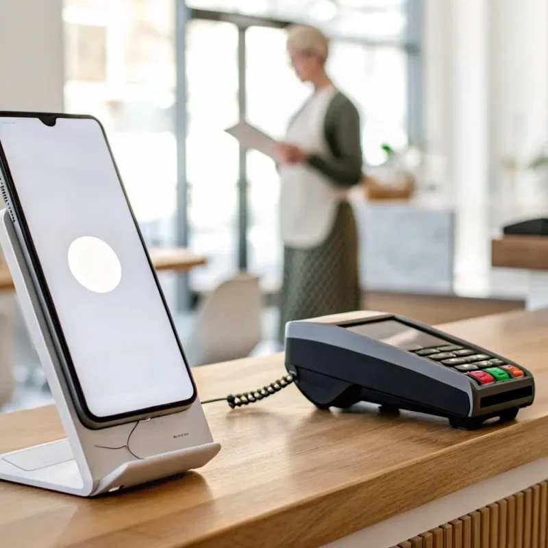 Merchant services for a small business using a phone and card reader for customer payments.