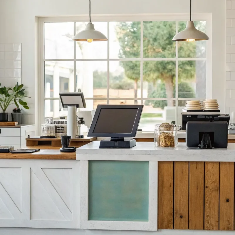 A modern POS system example on a small business checkout counter.