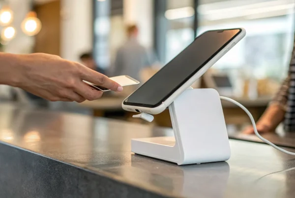 Accepting a credit card payment with a mobile swiper for a phone.