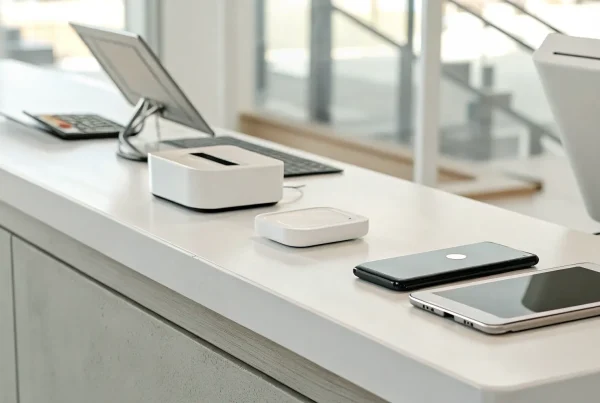 A modern wireless credit card reader processing a contactless payment.