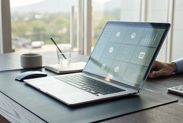 Laptop on a desk showing a virtual terminal online dashboard for entering payments.