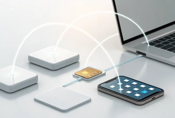 A payment gateway connecting a laptop and smartphone to securely process an online transaction.