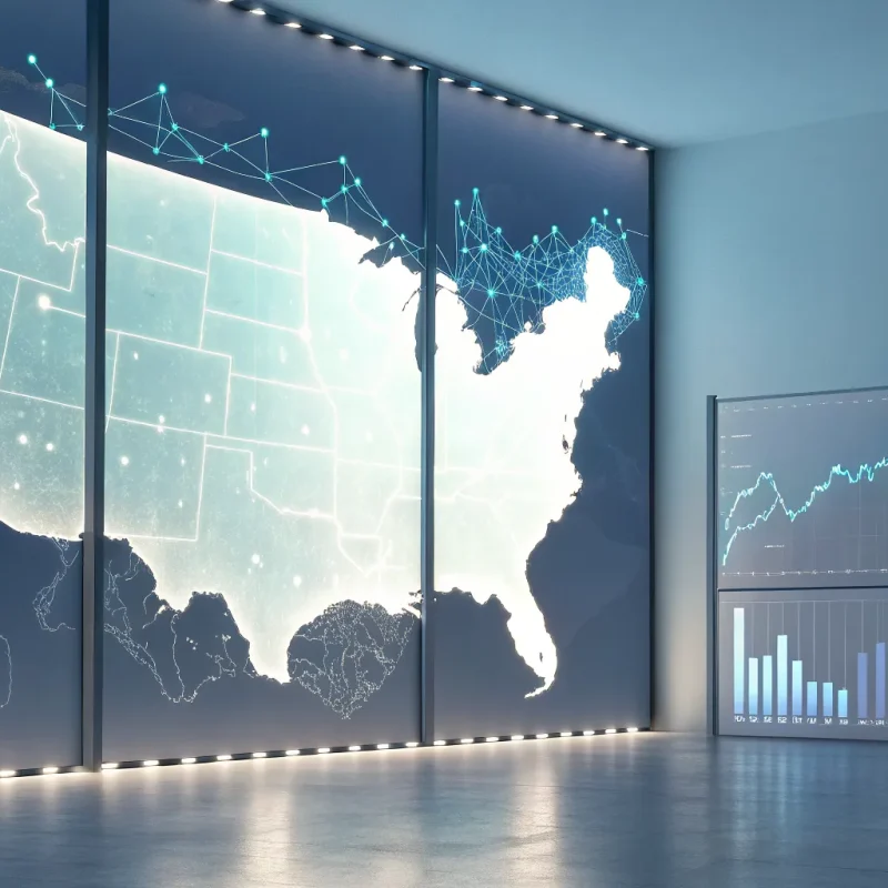 Data charts analyzing the top 10 payment gateways in the USA on a digital map.